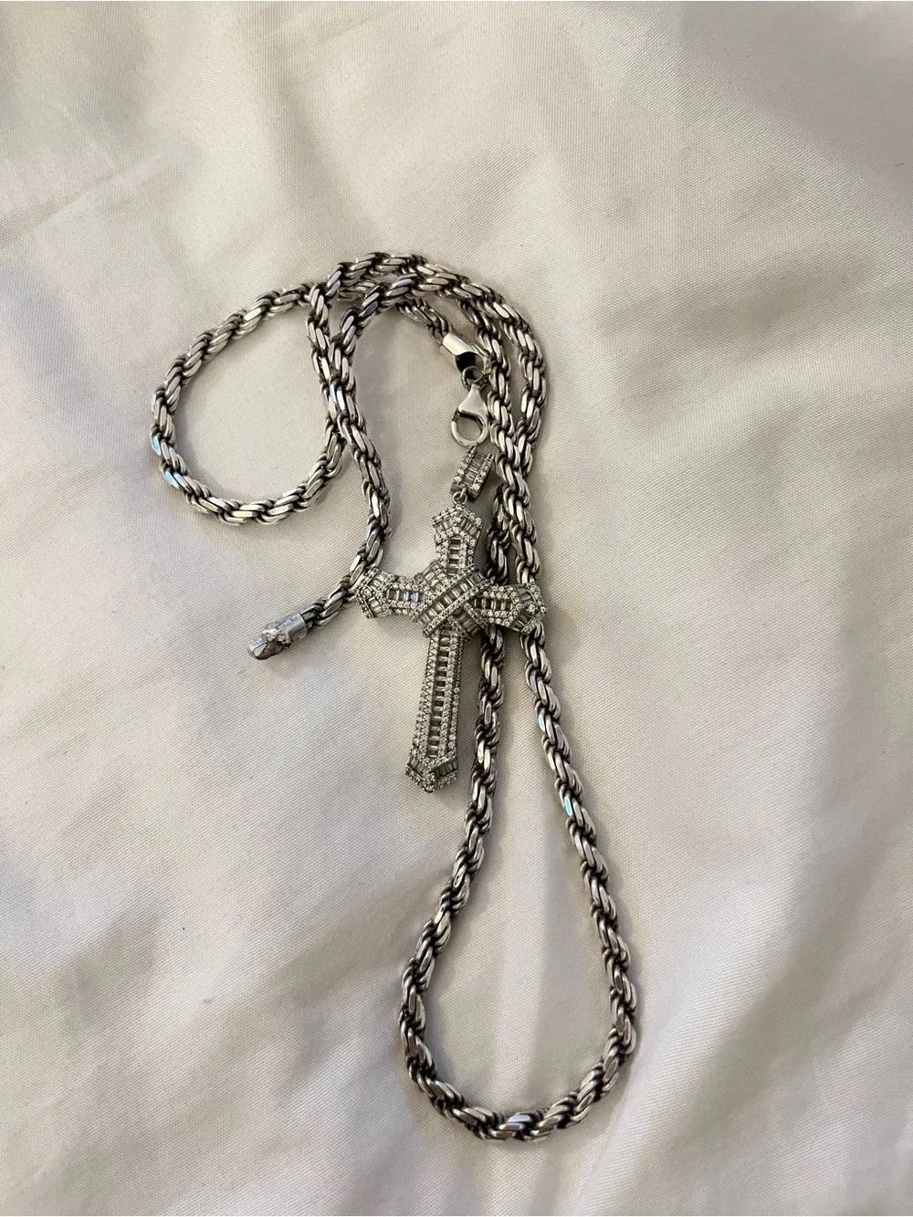 Silver Rope Chain Necklace with Pave Cross Pendant 22 inches